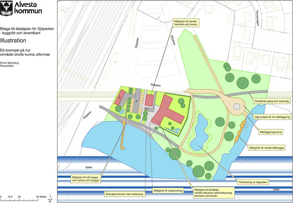 Båtiläggningsramp Möjlighet att utreda båtbrygga Möjlighet till sitt-trappa mot vattnet och bryggor Fördröjning av dagvatten 0 12,5 25