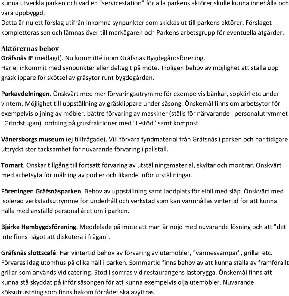 Aktörernas behov Gräfsnäs IF (nedlagd). Nu kommitté inom Gräfsnäs Bygdegårdsförening. Har ej inkommit med synpunkter eller deltagit på möte.