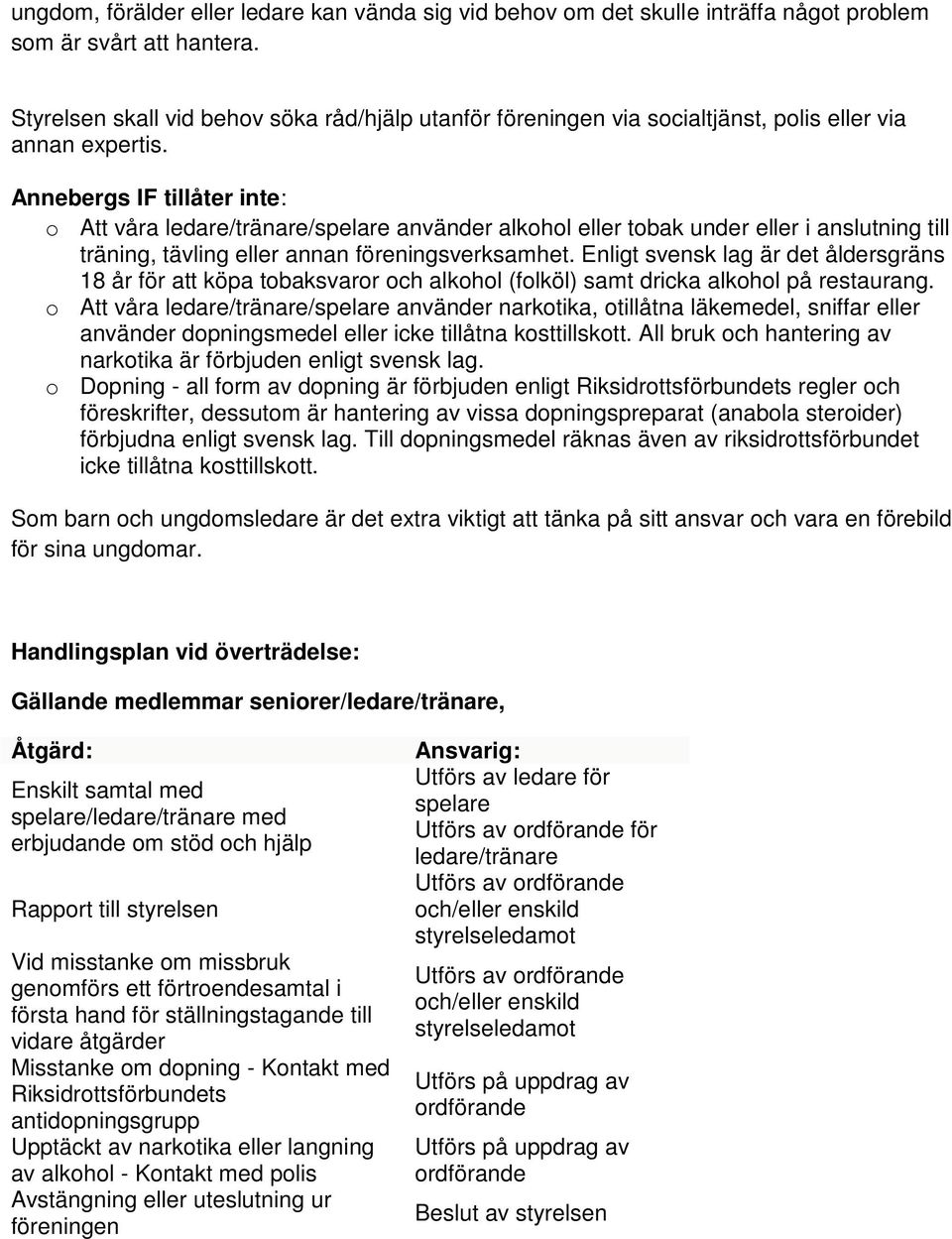 Annebergs IF tillåter inte: o Att våra ledare/tränare/spelare använder alkohol eller tobak under eller i anslutning till träning, tävling eller annan föreningsverksamhet.
