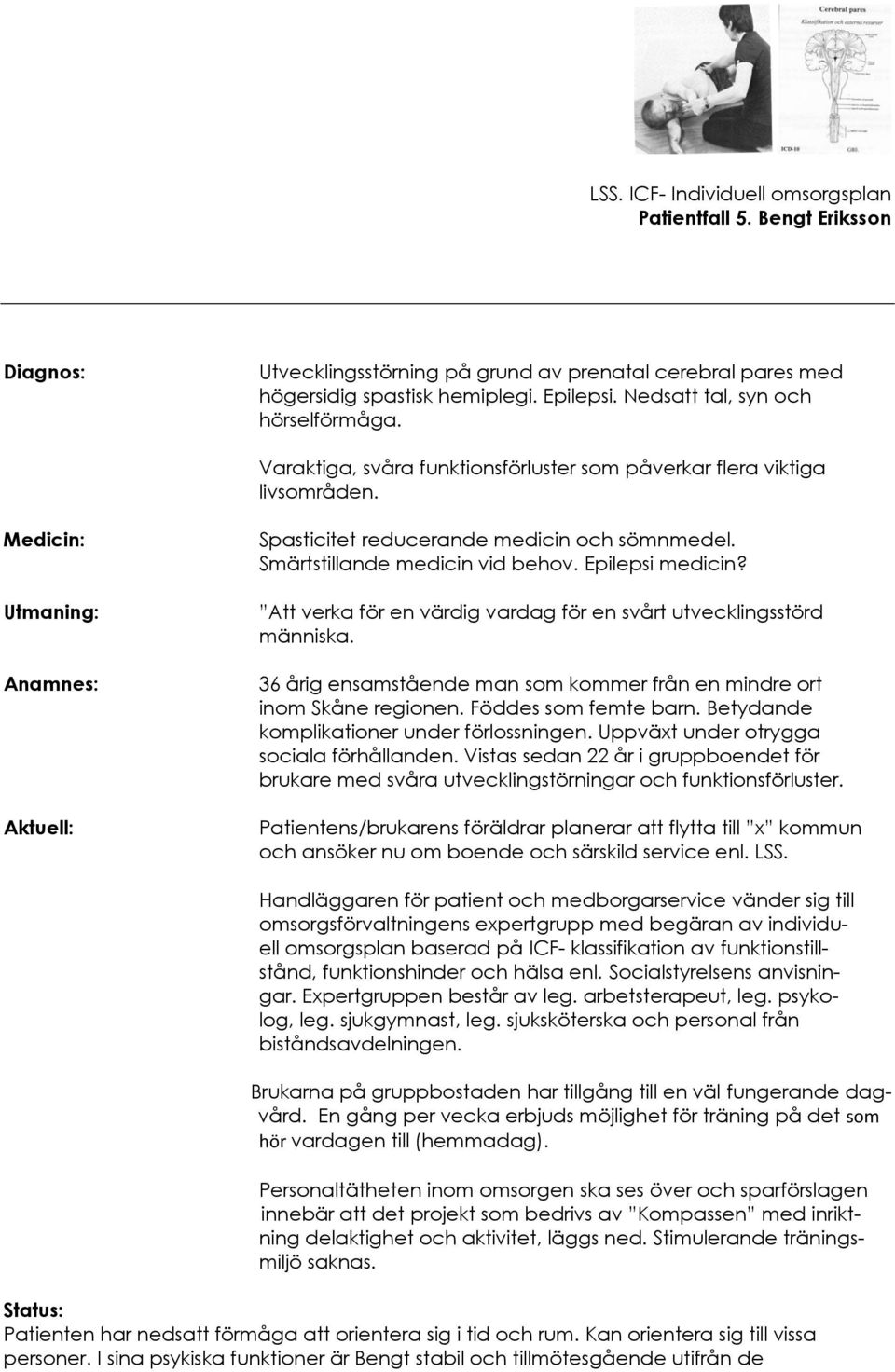 Smärtstillande medicin vid behov. Epilepsi medicin? Att verka för en värdig vardag för en svårt utvecklingsstörd människa. 36 årig ensamstående man som kommer från en mindre ort inom Skåne regionen.