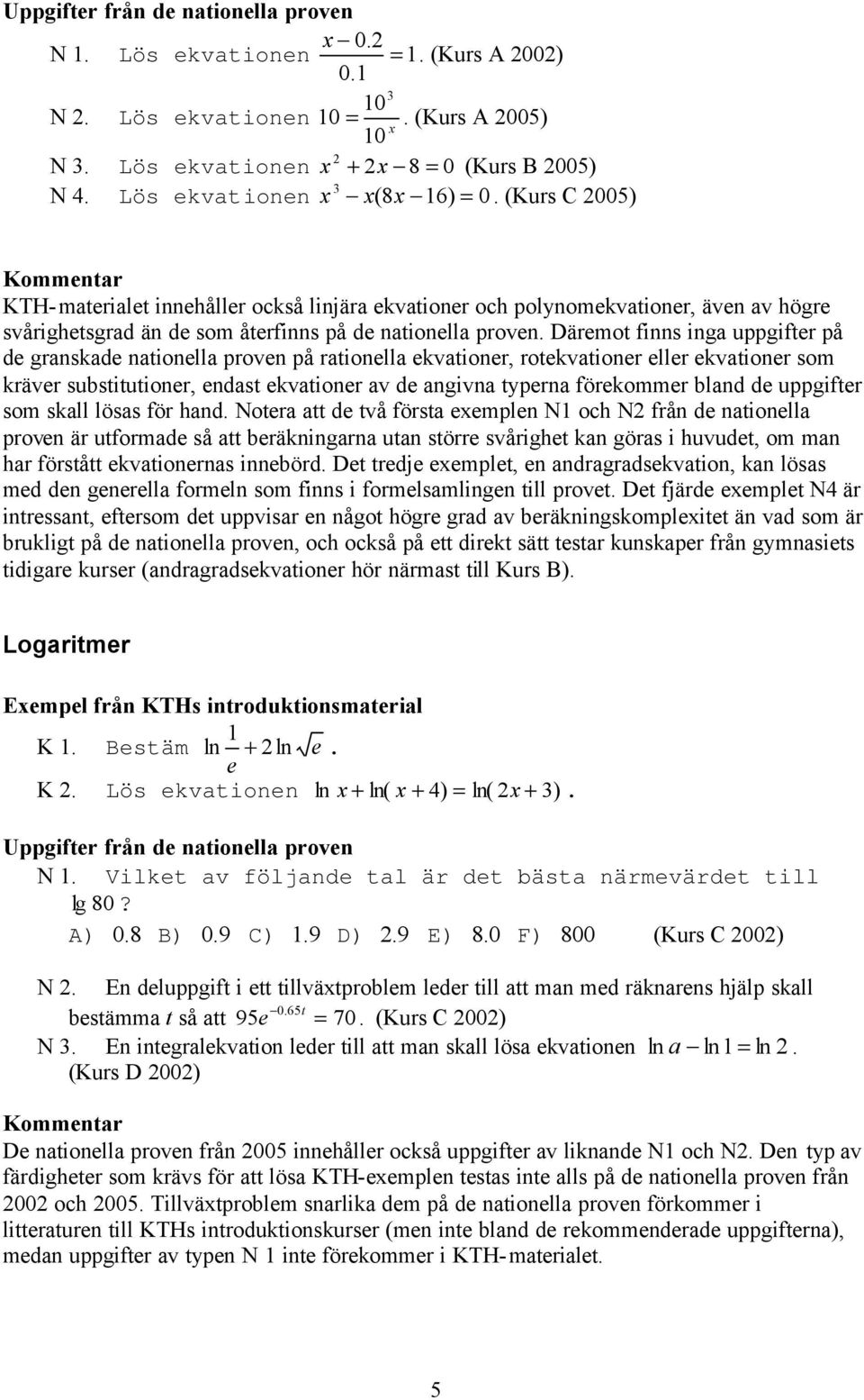 granskade nationella proven på rationella ekvationer, rotekvationer eller ekvationer som kräver substitutioner, endast ekvationer av de angivna typerna förekommer bland de uppgifter som skall lösas