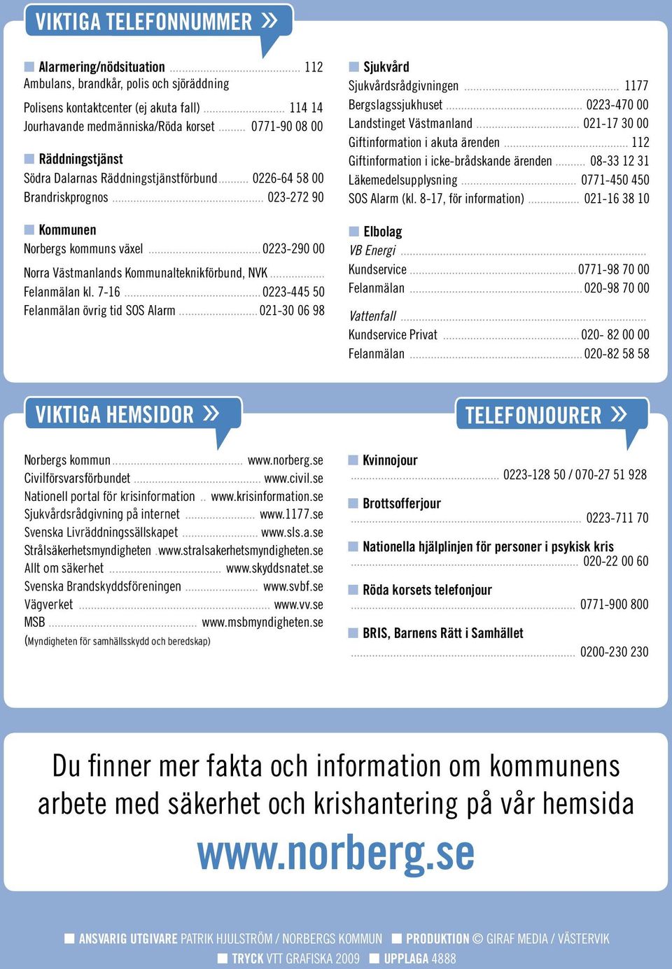 ..0223-290 00 Norra Västmanlands Kommunalteknikförbund, NVK... Felanmälan kl. 7-16...0223-445 50 Felanmälan övrig tid SOS Alarm...021-30 06 98 VIKTIGA HEMSIDOR» Norbergs kommun... www.norberg.