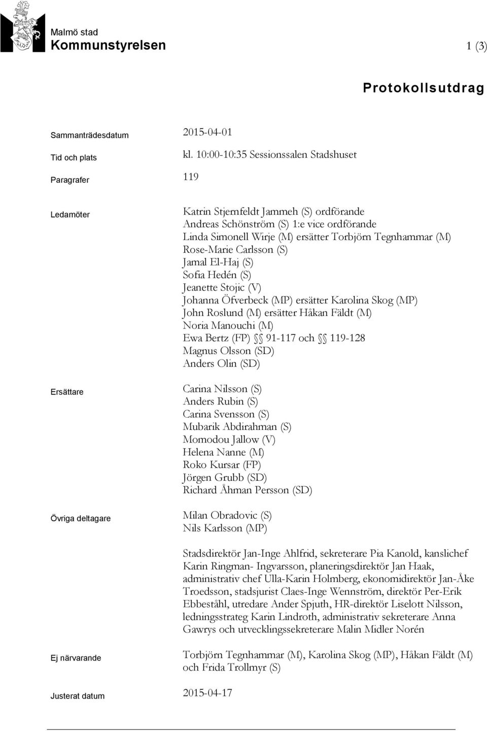 ersätter Torbjörn Tegnhammar (M) Rose-Marie Carlsson (S) Jamal El-Haj (S) Sofia Hedén (S) Jeanette Stojic (V) Johanna Öfverbeck (MP) ersätter Karolina Skog (MP) John Roslund (M) ersätter Håkan Fäldt