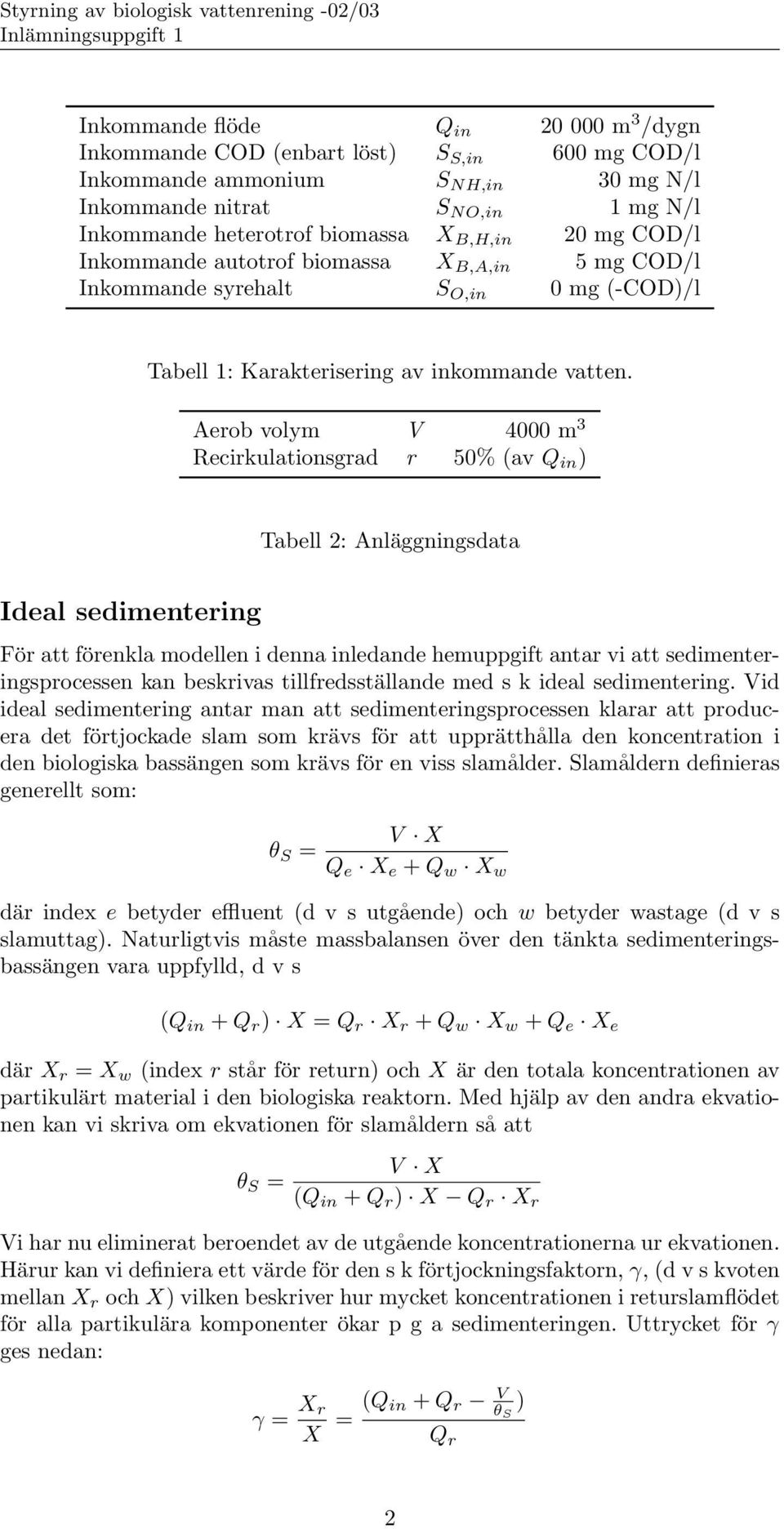 Aerob volym V 4000 m 3 Recirkulationsgrad r 50% (av Q in ) Tabell 2: Anläggningsdata Ideal sedimentering För att förenkla modellen i denna inledande hemuppgift antar vi att sedimenteringsprocessen