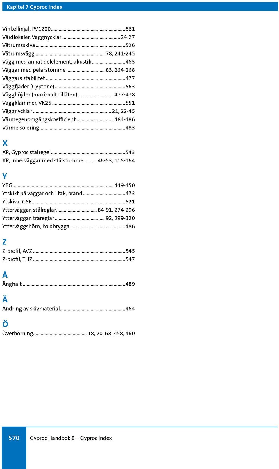 .. 484-486 Värmeisolering...483 X XR, Gyproc stålregel...543 XR, innerväggar med stålstomme... 46-53, 115-164 Y YBG... 449-450 Ytskikt på väggar och i tak, brand...473 Ytskiva, GSE.