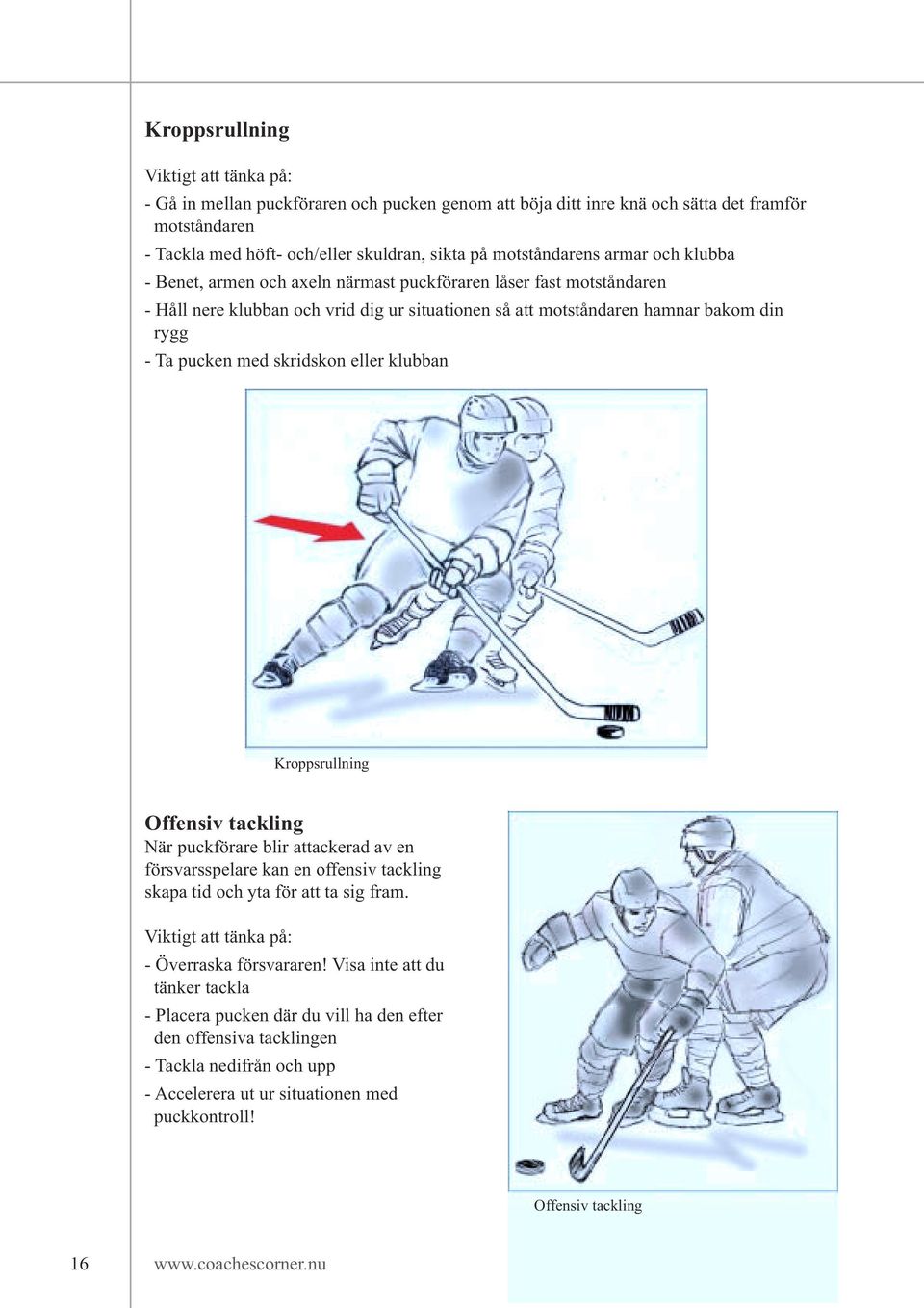 klubban Kroppsrullning Offensiv tackling När puckförare blir attackerad av en försvarsspelare kan en offensiv tackling skapa tid och yta för att ta sig fram. - Överraska försvararen!