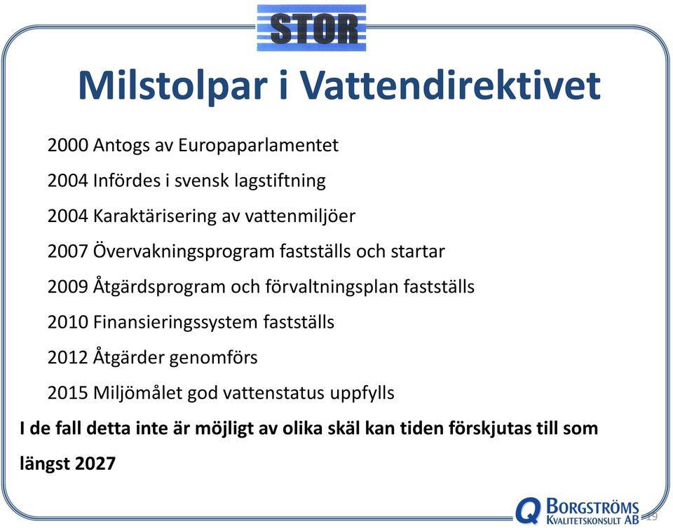 förvaltningsplan fastställs 2010 Finansieringssystem fastställs 2012 Åtgärder genomförs 2015 Miljömålet god