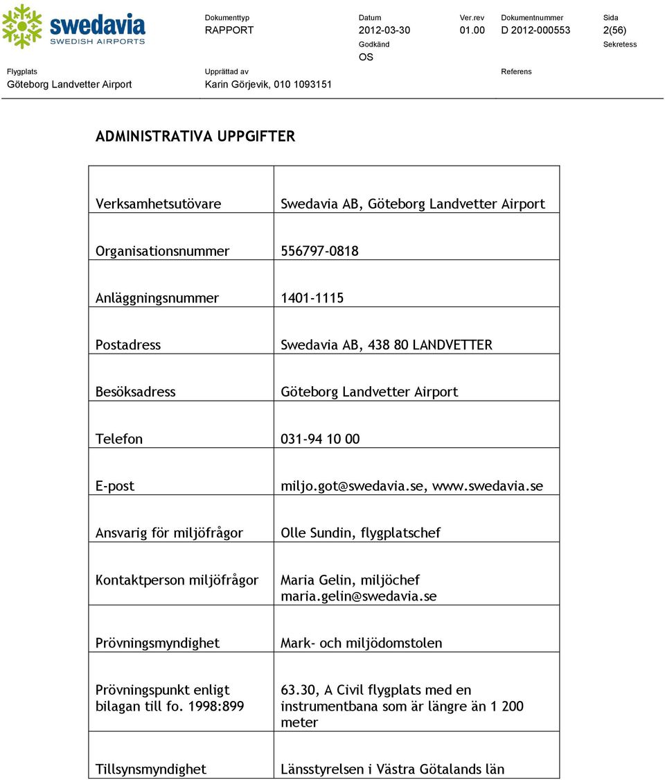 Postadress Swedavia AB, 438 8 LANDVETTER Besöksadress Göteborg Landvetter Airport Telefon 31-94 1 E-post miljo.got@swedavia.