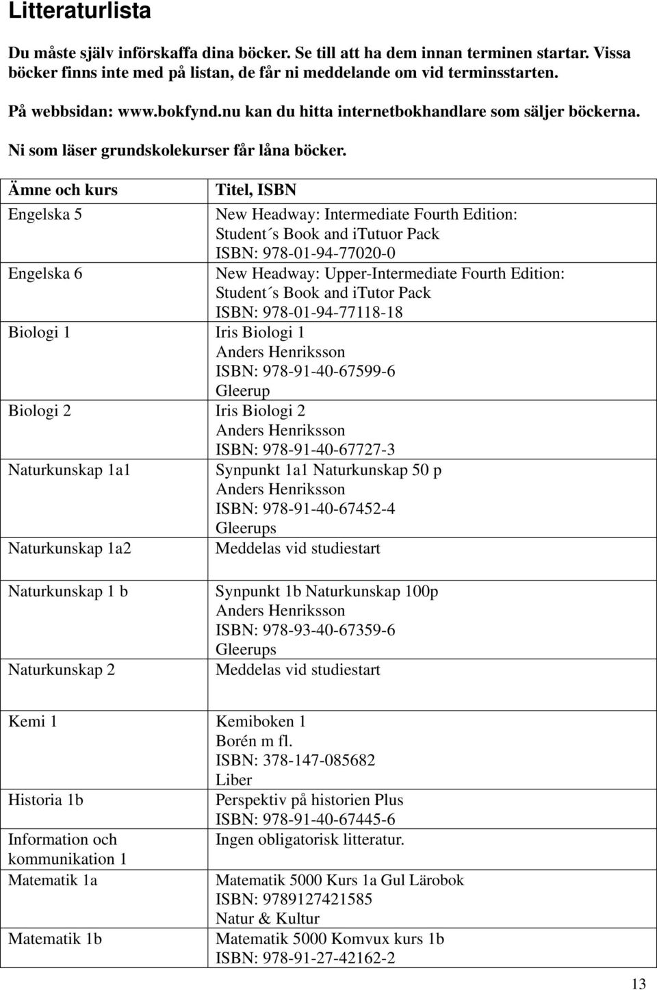 Ämne och kurs Engelska 5 Engelska 6 Titel, ISBN New Headway: Intermediate Fourth Edition: Student s Book and itutuor Pack ISBN: 978-01-94-77020-0 New Headway: Upper-Intermediate Fourth Edition: