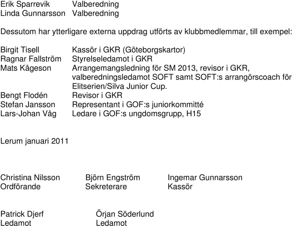 i GKR, valberedningsledamot SOFT samt SOFT:s arrangörscoach för Elitserien/Silva Junior Cup.