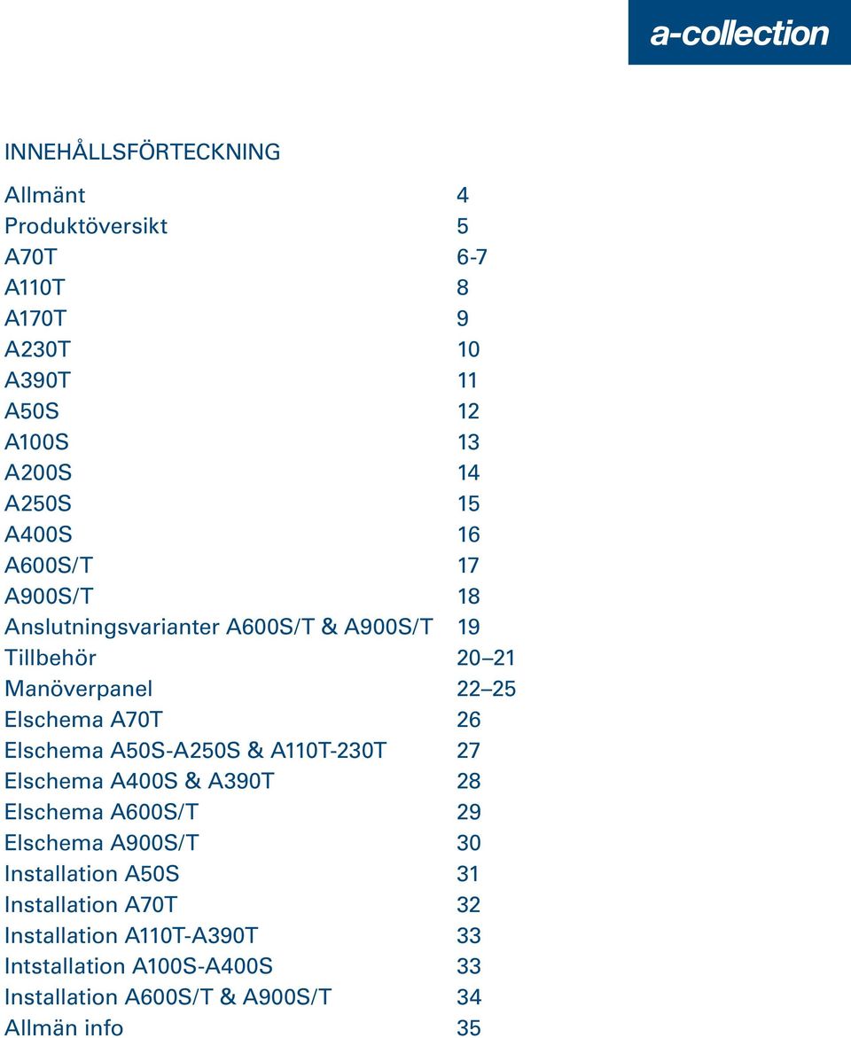 26 Elschema A50S-A250S & A110T-230T 27 Elschema A400S & A390T 28 Elschema A600S/T 29 Elschema A900S/T 30 Installation A50S 31