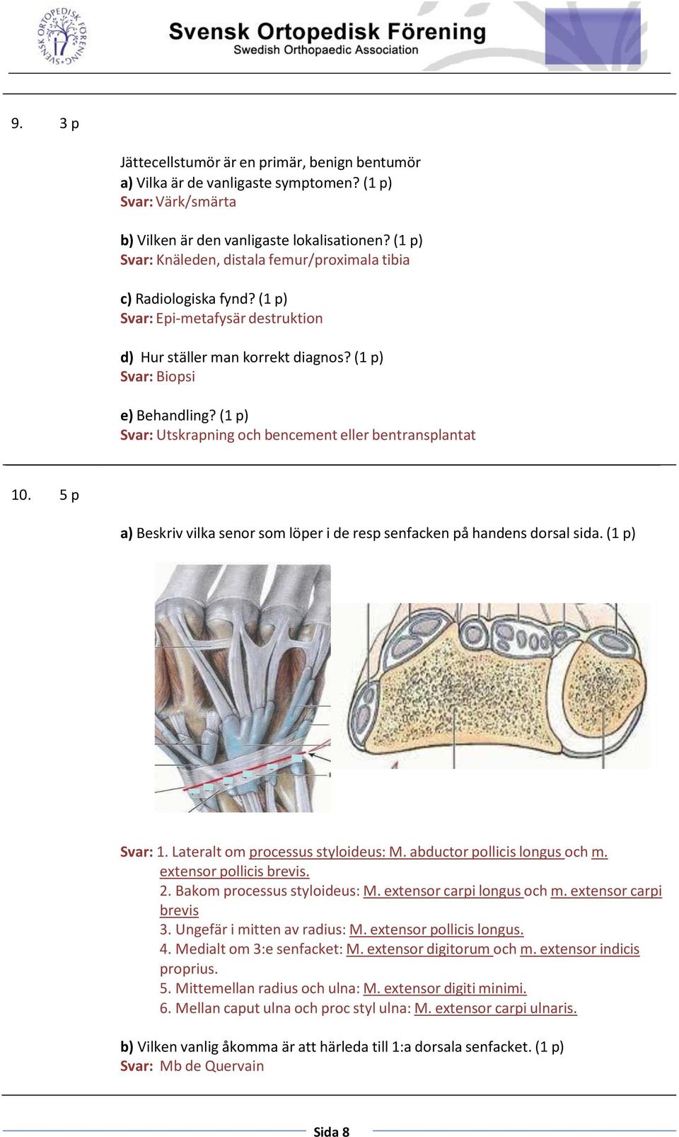 (1 p) Svar: Utskrapning och bencement eller bentransplantat 10. 5 p a) Beskriv vilka senor som löper i de resp senfacken på handens dorsal sida. (1 p) Svar: 1. Lateralt om processus styloideus: M.