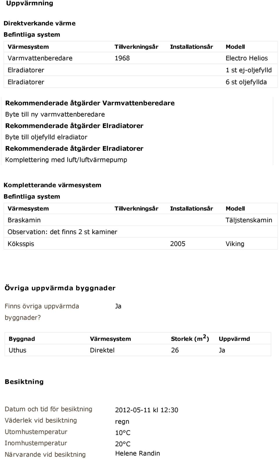 Komplettering med luft/luftvärmepump Kompletterande värmesystem Befintliga system Värmesystem Tillverkningsår Installationsår Modell Braskamin Täljstenskamin Observation: det finns 2 st kaminer