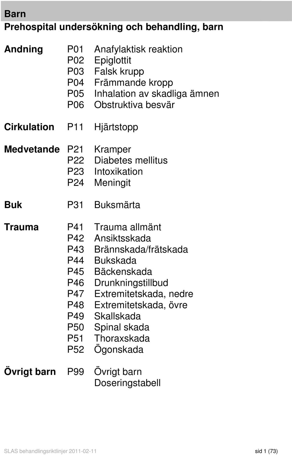 Trauma P41 Trauma allmänt P42 Ansiktsskada P43 Brännskada/frätskada P44 Bukskada P45 Bäckenskada P46 Drunkningstillbud P47 Extremitetskada, nedre P48