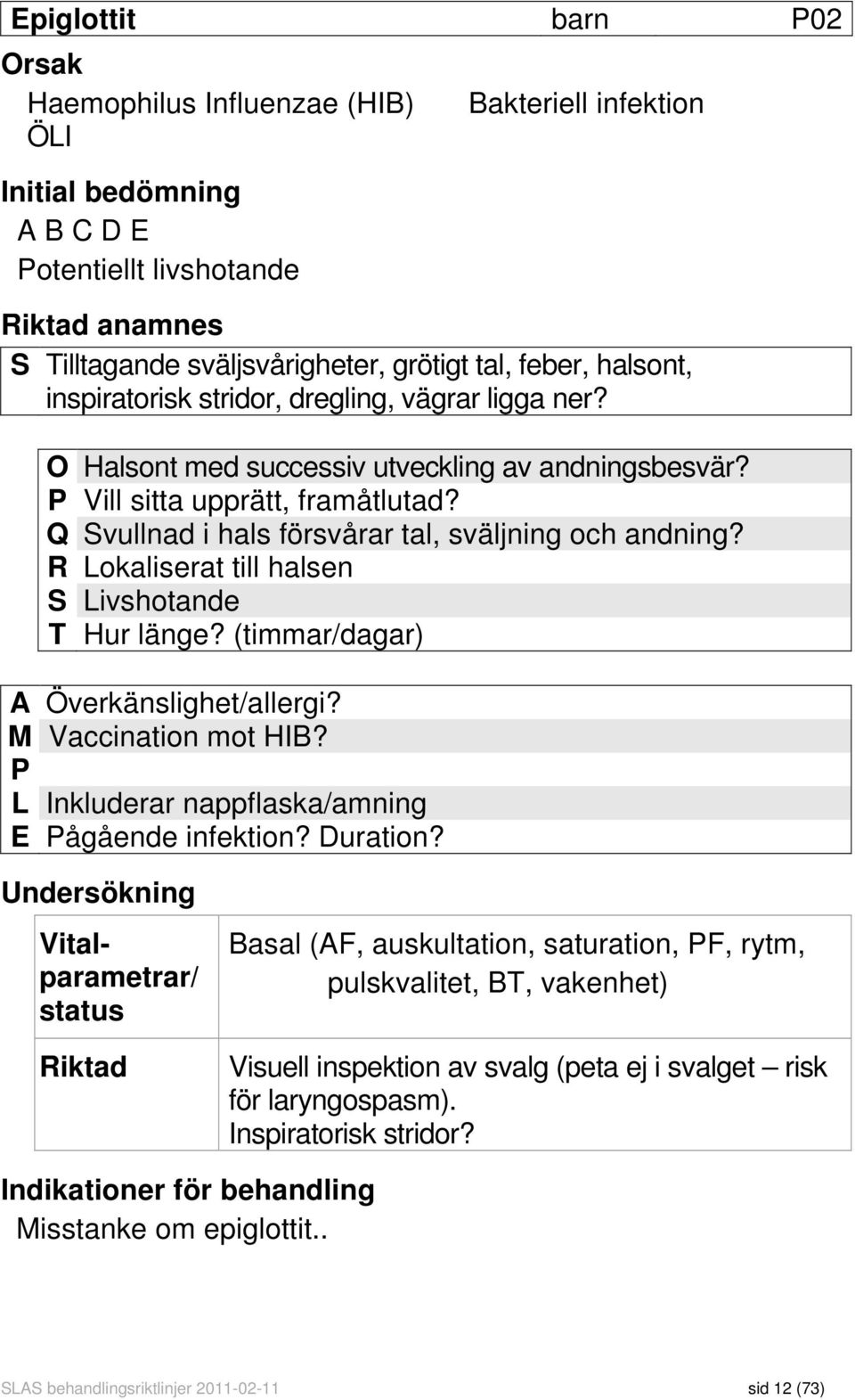 Q Svullnad i hals försvårar tal, sväljning och andning? R Lokaliserat till halsen S Livshotande T Hur länge? (timmar/dagar) A Överkänslighet/allergi? M Vaccination mot HIB?