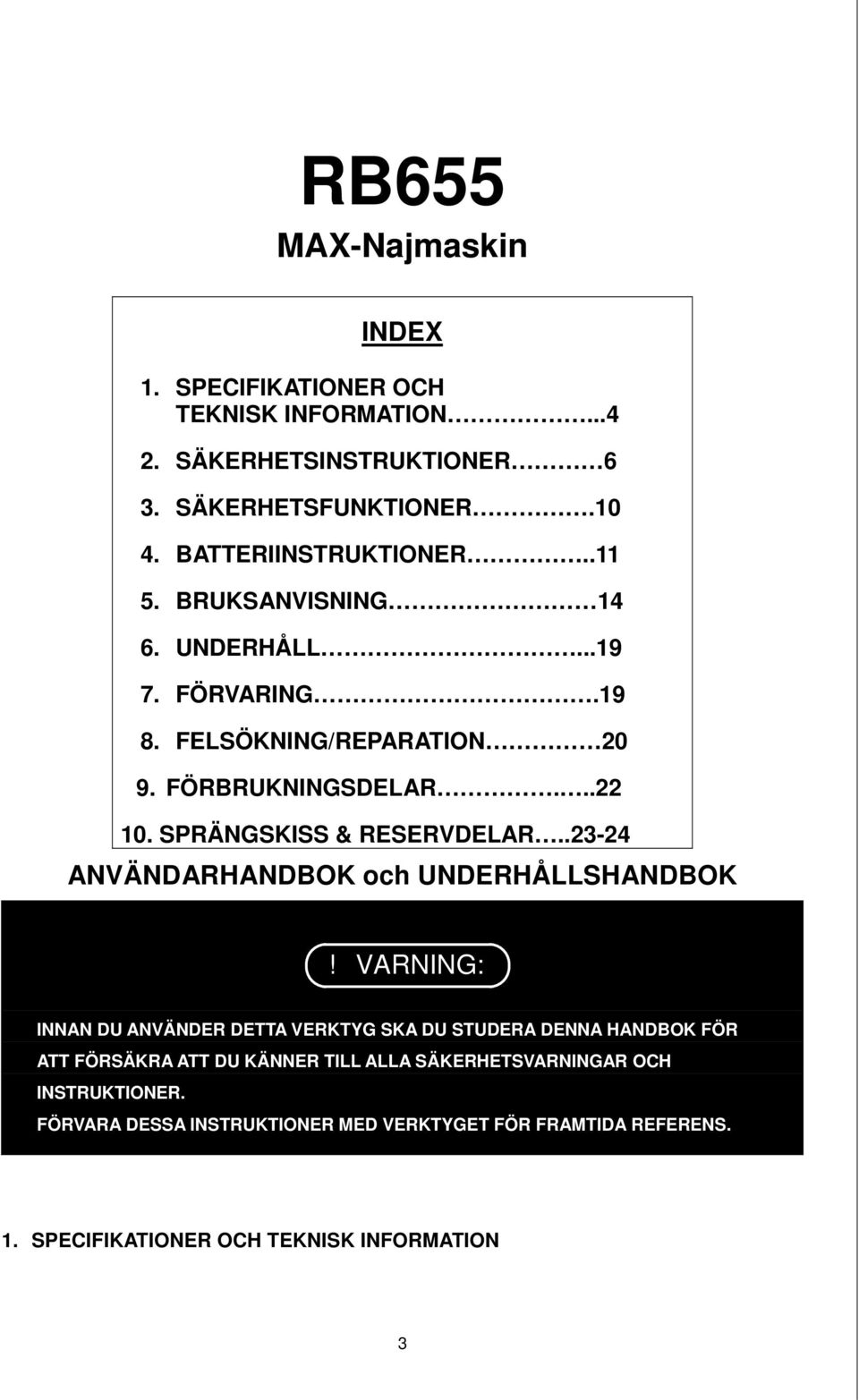 SPRÄNGSKISS & RESERVDELAR..23-24 ANVÄNDARHANDBOK och UNDERHÅLLSHANDBOK!