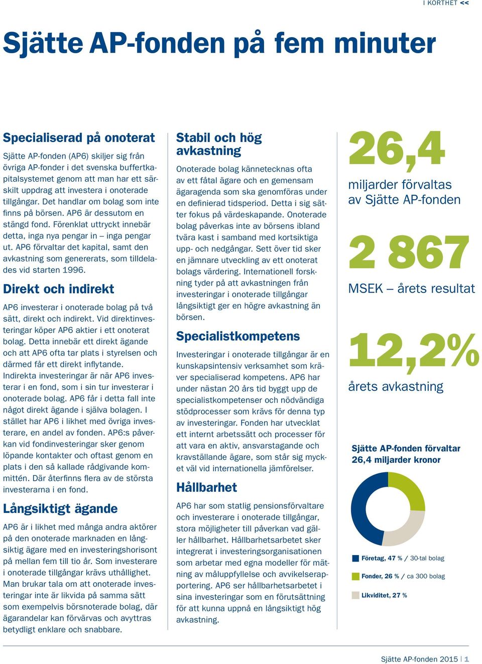 AP6 förvaltar det kapital, samt den avkastning som genererats, som tilldelades vid starten 1996. Direkt och indirekt AP6 investerar i onoterade bolag på två sätt, direkt och indirekt.