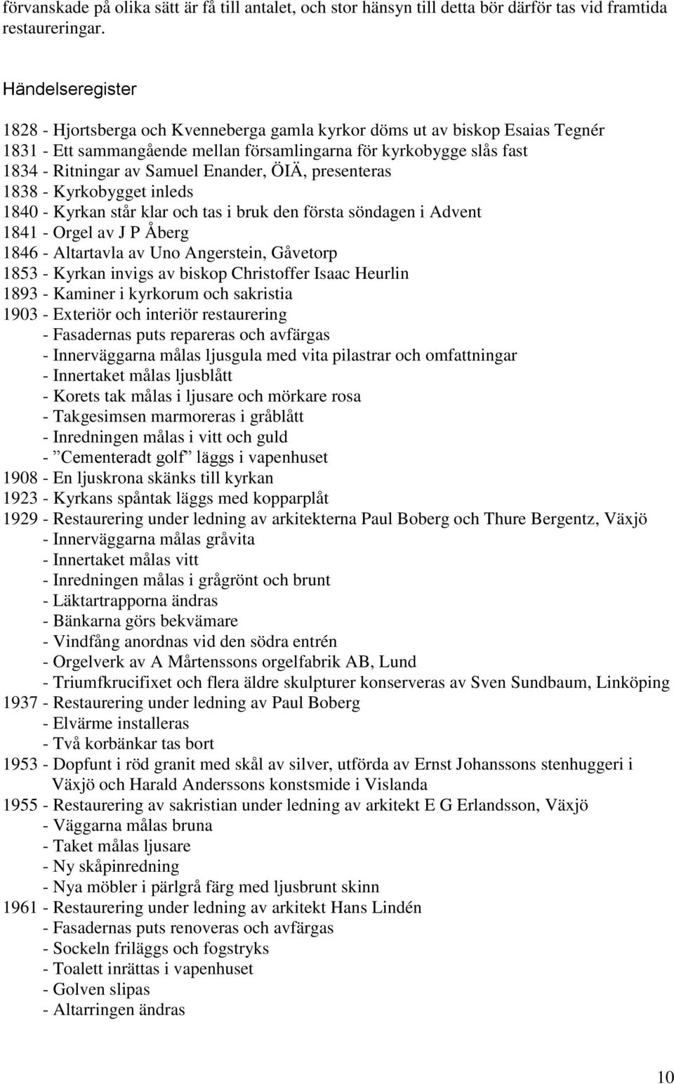 Enander, ÖIÄ, presenteras 1838 - Kyrkobygget inleds 1840 - Kyrkan står klar och tas i bruk den första söndagen i Advent 1841 - Orgel av J P Åberg 1846 - Altartavla av Uno Angerstein, Gåvetorp 1853 -