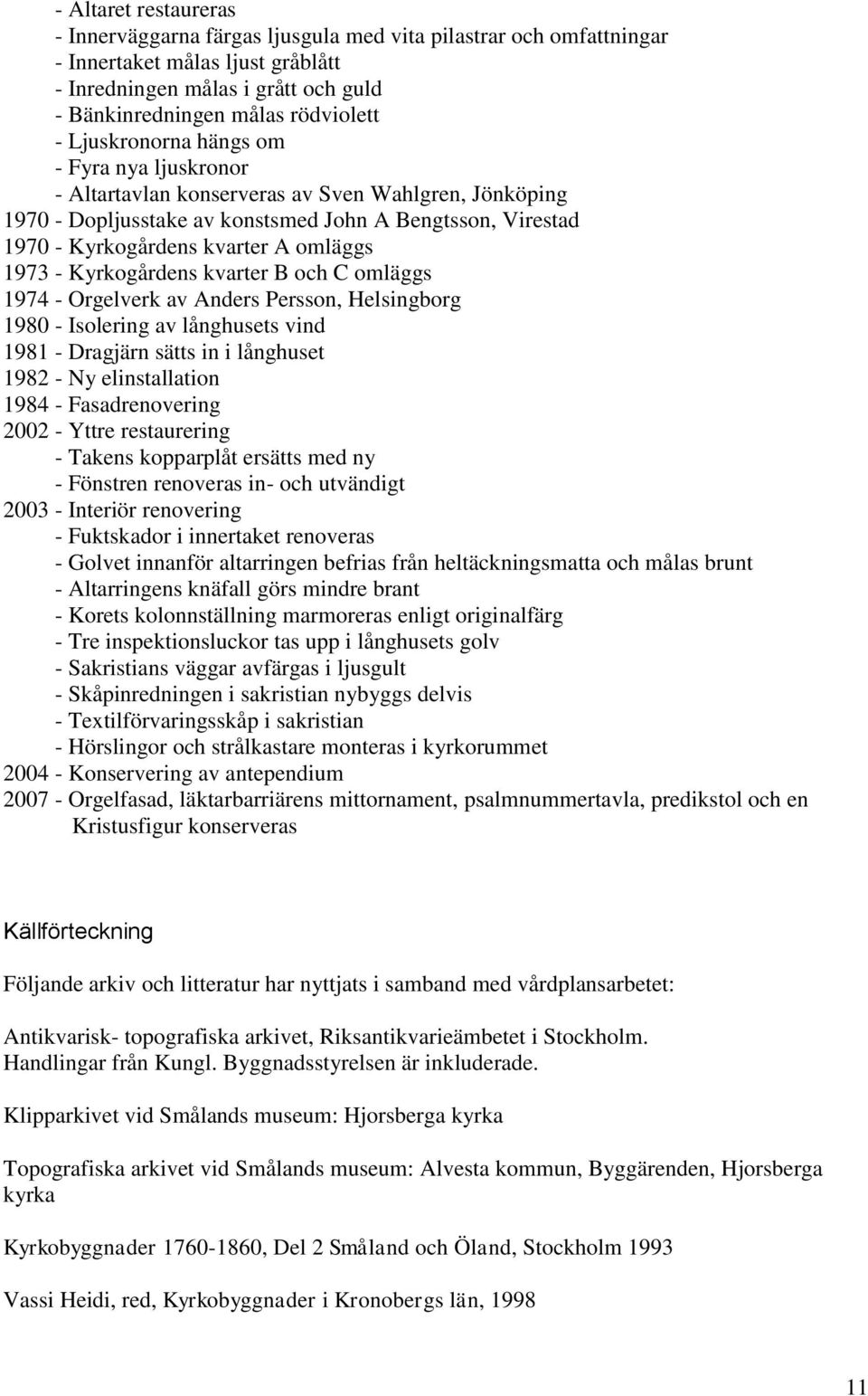 1973 - Kyrkogårdens kvarter B och C omläggs 1974 - Orgelverk av Anders Persson, Helsingborg 1980 - Isolering av långhusets vind 1981 - Dragjärn sätts in i långhuset 1982 - Ny elinstallation 1984 -