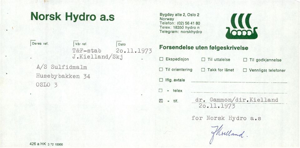 18350 hydro n ((( Telegrarn: norskhydro Forsendelse uten følgeskrivelse Ekspedisjon Til uttalelse Til