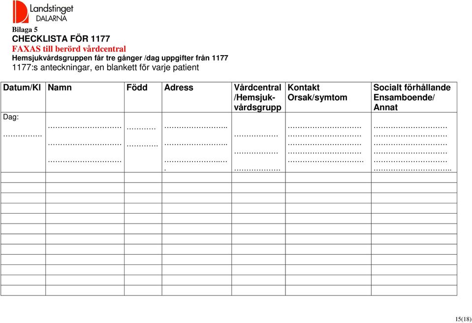 anteckningar, en blankett för varje patient Datum/Kl Namn Född Adress