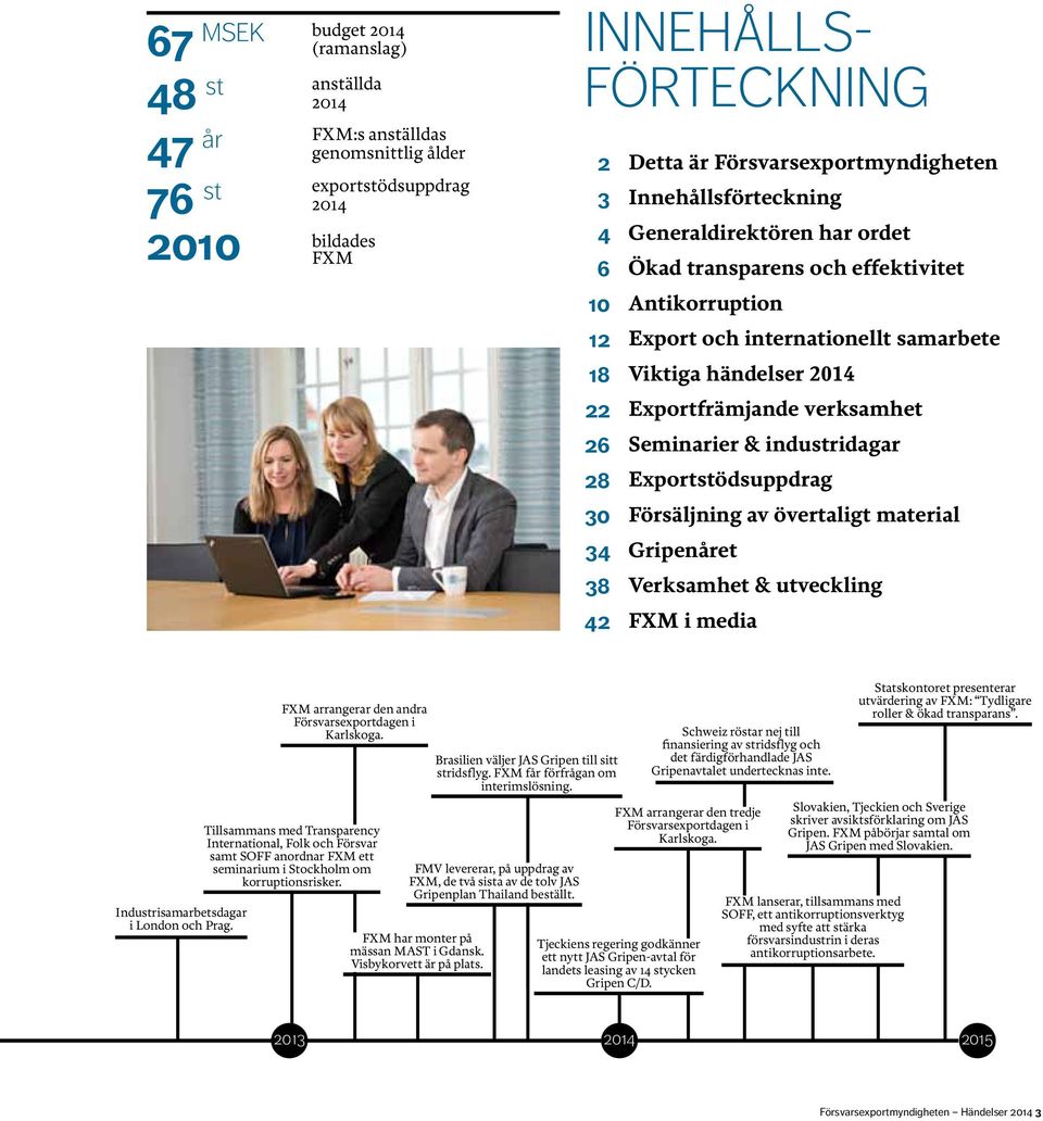 Exportfrämjande verksamhet Seminarier & industridagar Exportstödsuppdrag Försäljning av övertaligt material Gripenåret Verksamhet & utveckling FXM i media Industrisamarbetsdagar i London och Prag.