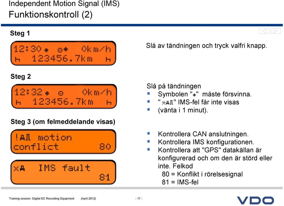 " " IMS-fel får inte visas (vänta i 1 minut). Kontrollera CAN anslutningen. Kontrollera IMS konfigurationen.