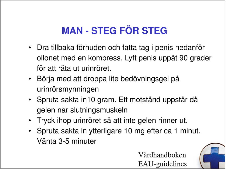 Börja med att droppa lite bedövningsgel på urinrörsmynningen Spruta sakta in10 gram.