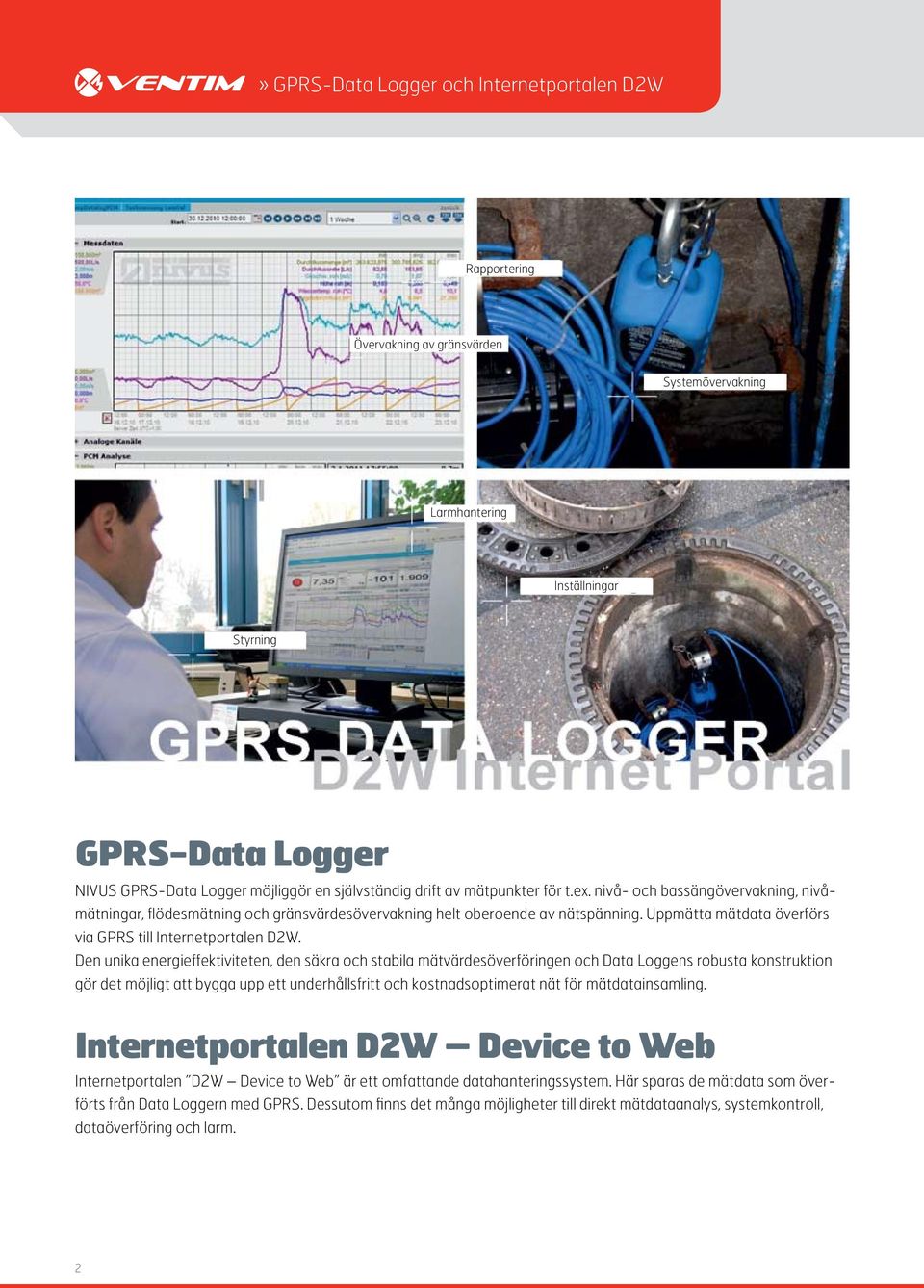 Uppmätta mätdata överförs via GPRS till Internetportalen D2W.