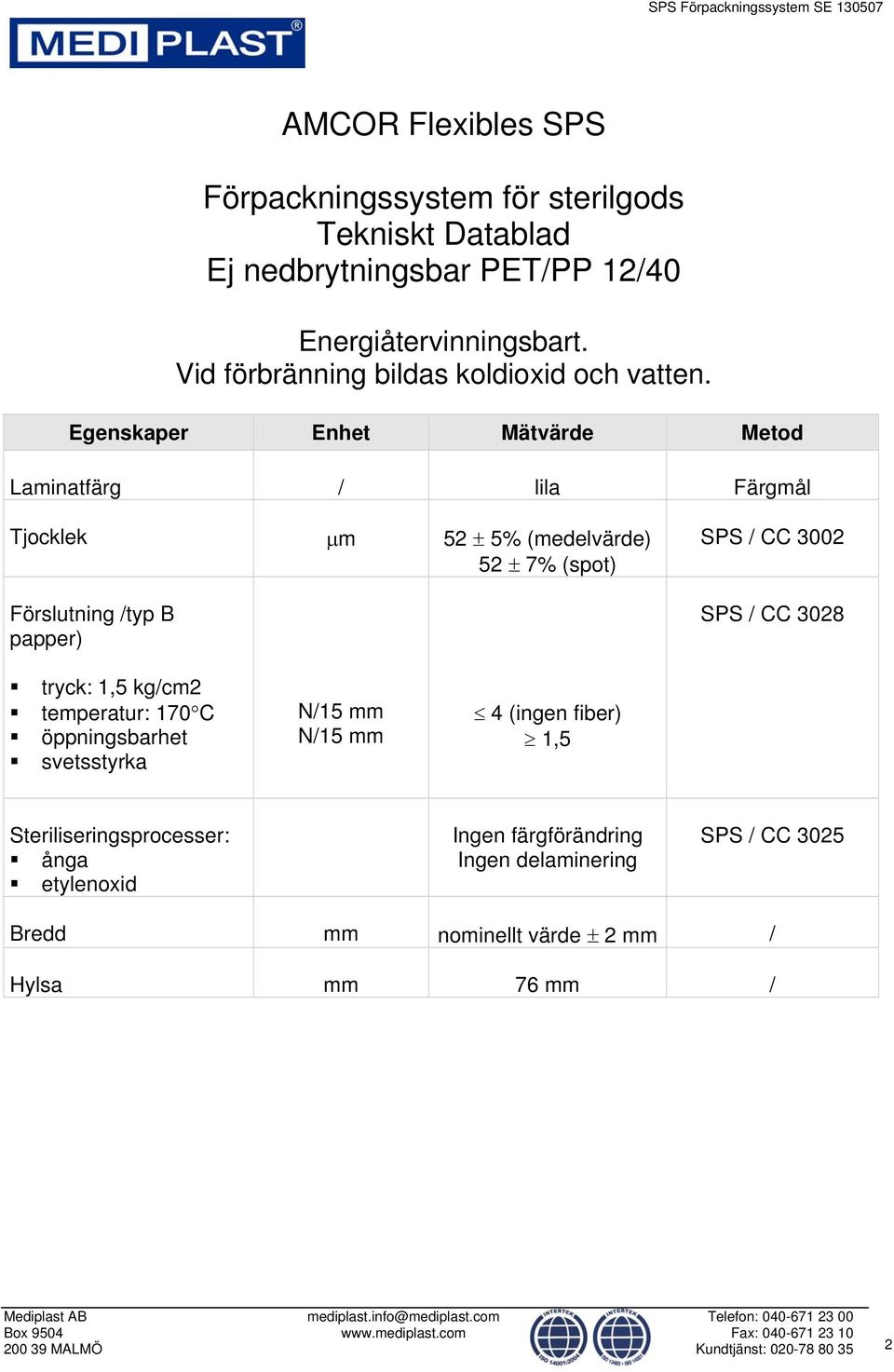 Egenskaper Enhet Mätvärde Metod Laminatfärg / lila Färgmål Tjocklek m 52 5 (medelvärde) 52 7 (spot) Förslutning /typ B papper) SPS / CC 3002