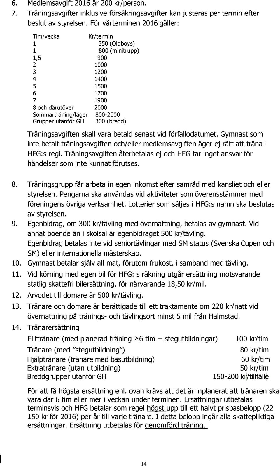 GH 300 (bredd) Träningsavgiften skall vara betald senast vid förfallodatumet. Gymnast som inte betalt träningsavgiften och/eller medlemsavgiften äger ej rätt att träna i HFG:s regi.