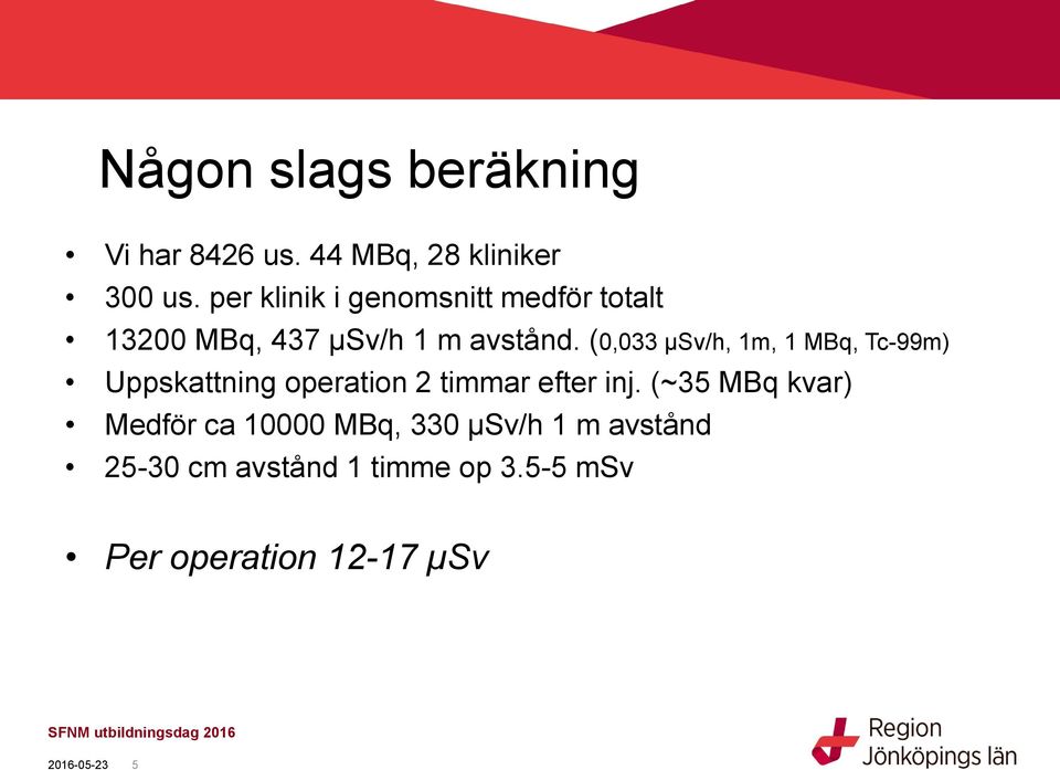 (0,033 µsv/h, 1m, 1 MBq, Tc-99m) Uppskattning operation 2 timmar efter inj.