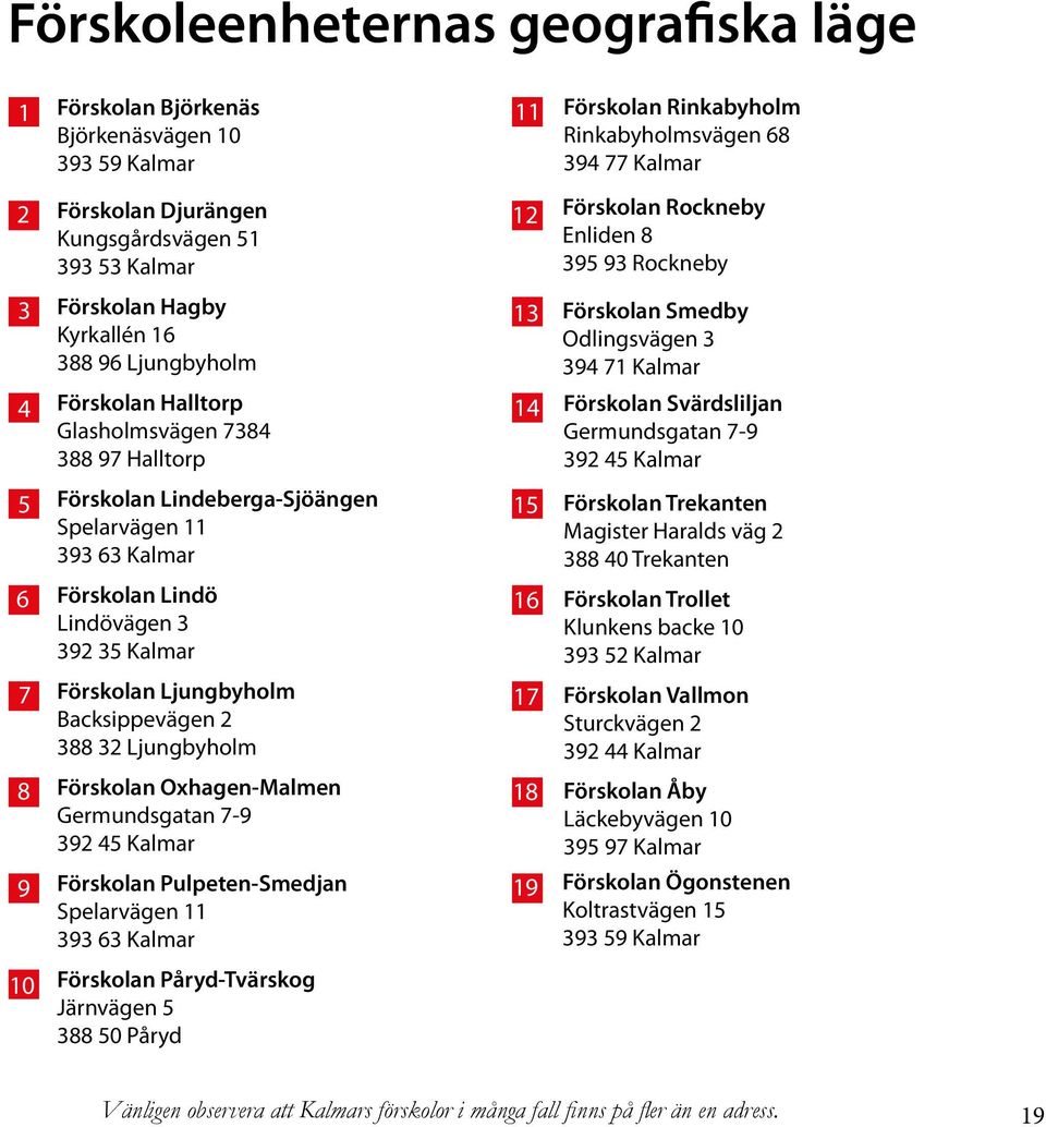 97 Halltorp 14 Förskolan Svärdsliljan Germundsgatan 7-9 392 45 Kalmar 5 Förskolan Lindeberga-Sjöängen Spelarvägen 11 393 63 Kalmar 15 Förskolan Trekanten Magister Haralds väg 2 388 40 Trekanten 6