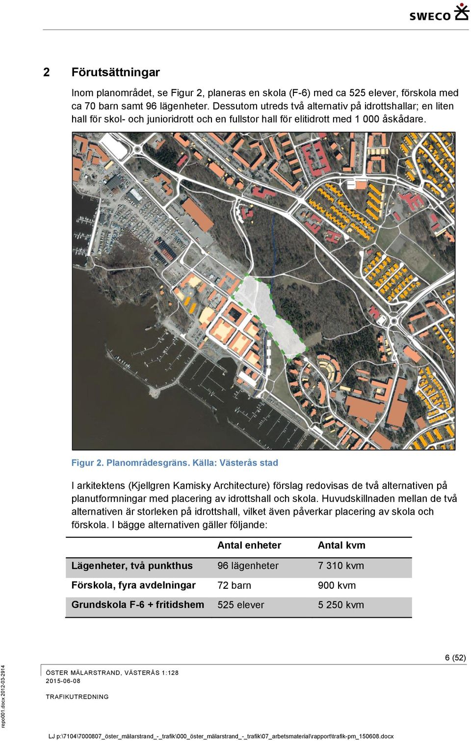 Källa: Västerås stad I arkitektens (Kjellgren Kamisky Architecture) förslag redovisas de två alternativen på planutformningar med placering av idrottshall och skola.