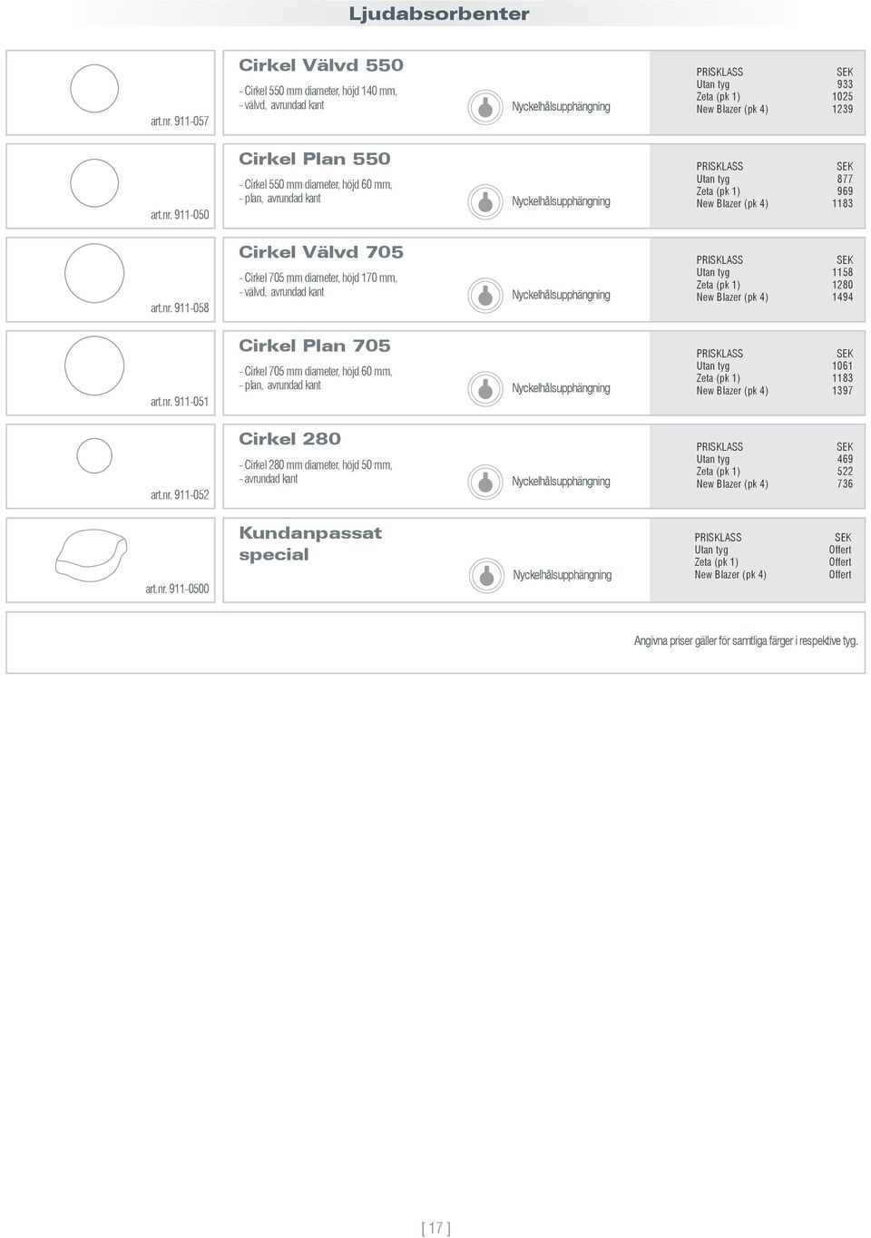 nr. 911-052 Cirkel 280 - Cirkel 280 mm diameter, höjd 50 mm, - avrundad kant 469 522 736 art.nr. 911-0500 Kundanpassat special Offert Offert Offert Angivna priser gäller för samtliga färger i respektive tyg.