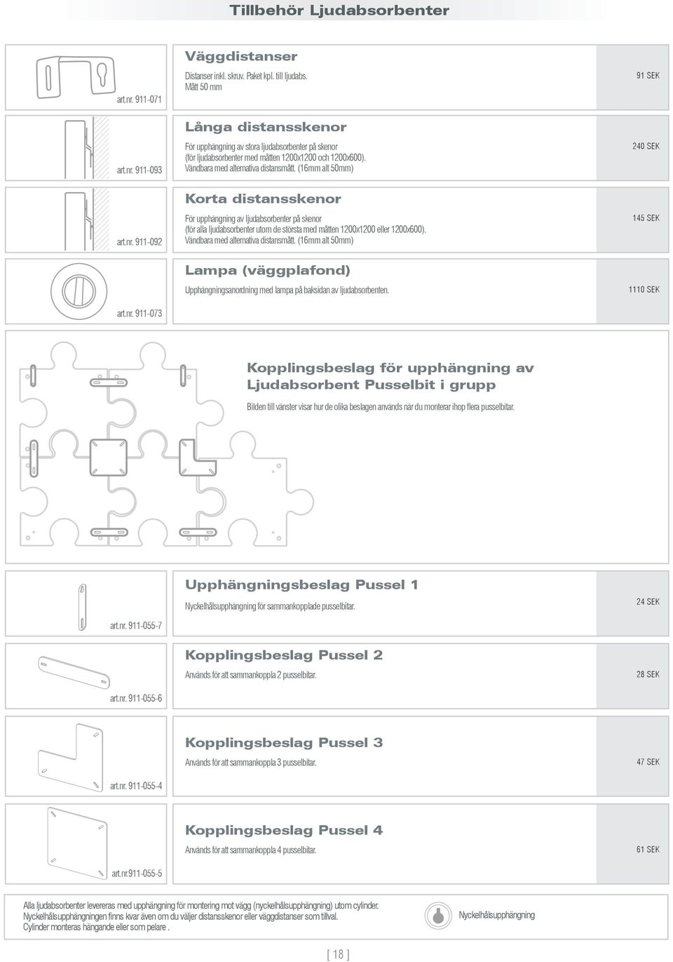 (16mm alt 50mm) Korta distansskenor För upphängning av ljudabsorbenter på skenor (för alla ljudabsorbenter utom de största med måtten 1200x1200 eller 1200x600). Vändbara med alternativa distansmått.