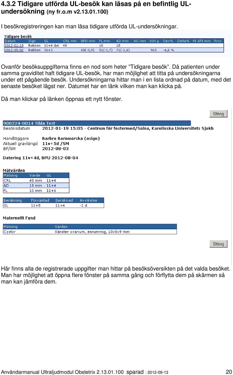 Undersökningarna hittar man i en lista ordnad på datum, med det senaste besöket lägst ner. Datumet har en länk vilken man kan klicka på. Då man klickar på länken öppnas ett nytt fönster.