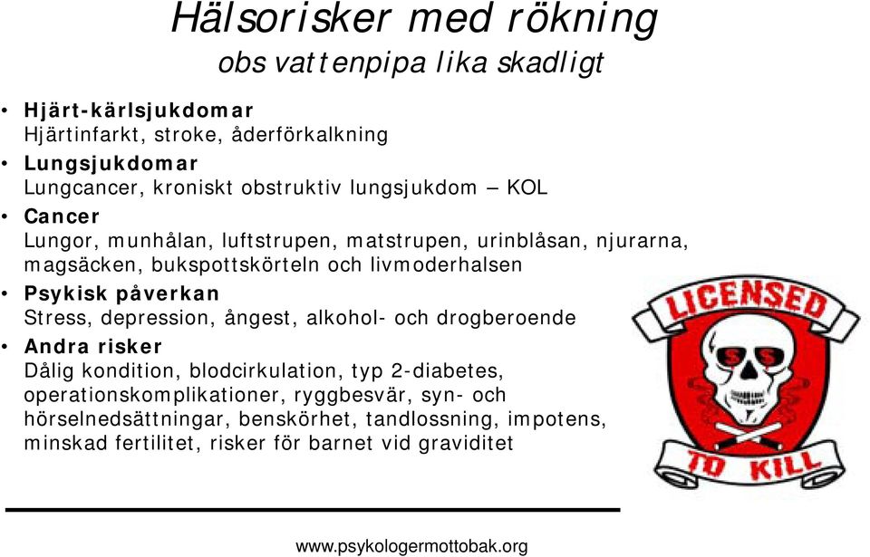 Psykisk påverkan Stress, depression, ångest, alkohol- och drogberoende Andra risker Dålig kondition, blodcirkulation, typ 2-diabetes,