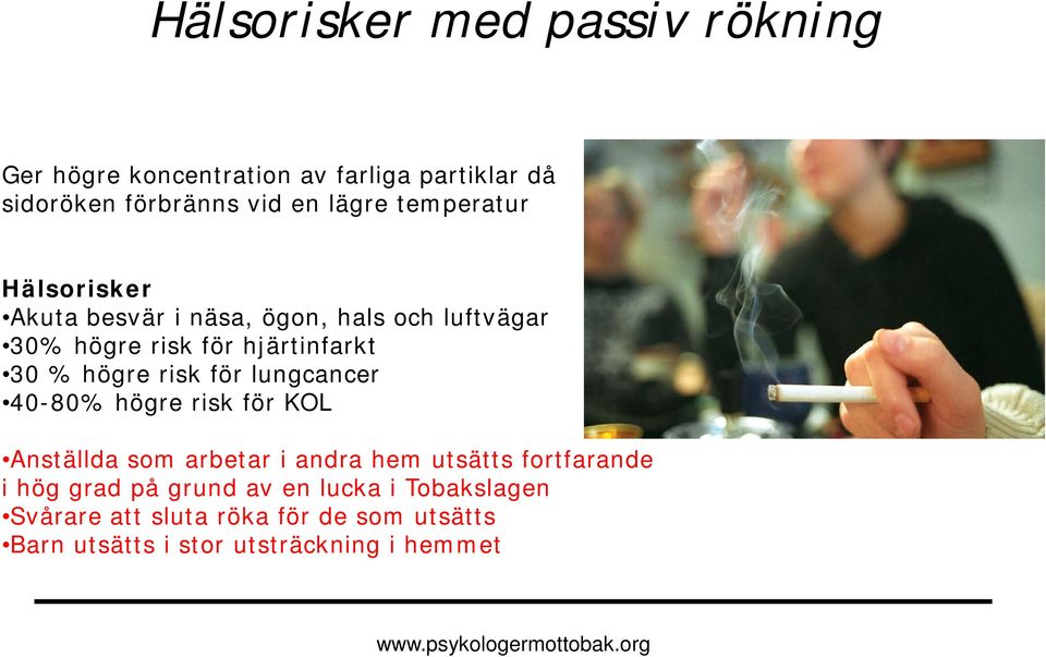 risk för lungcancer 40-80% högre risk för KOL Anställda som arbetar i andra hem utsätts fortfarande i hög grad på