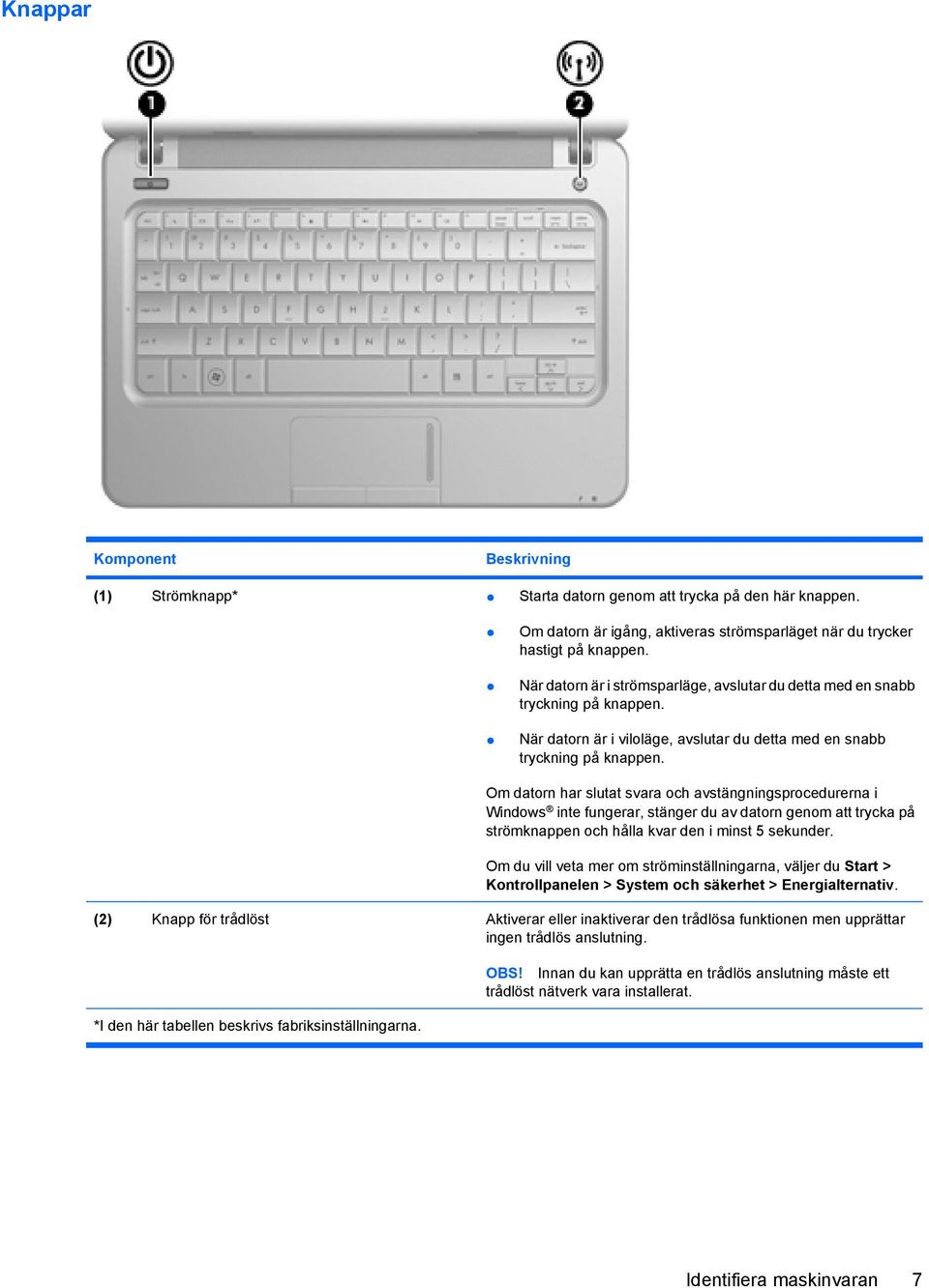 Om datorn har slutat svara och avstängningsprocedurerna i Windows inte fungerar, stänger du av datorn genom att trycka på strömknappen och hålla kvar den i minst 5 sekunder.