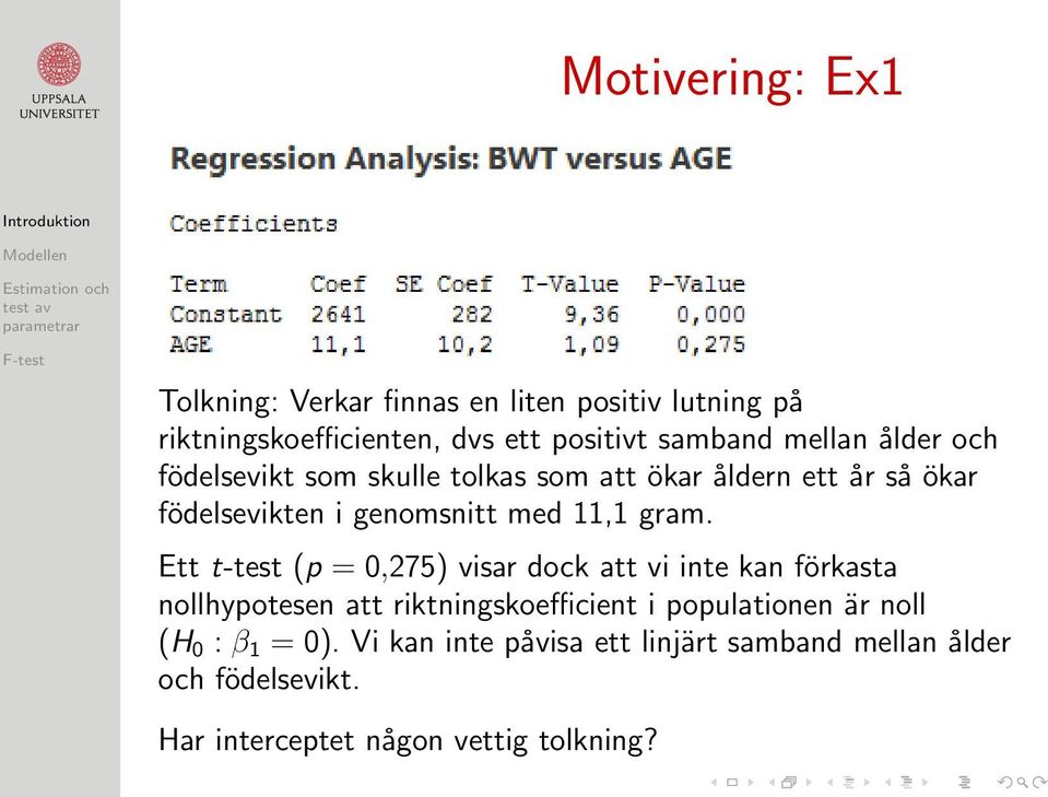 gram. Ett t-test (p = 0,275) visar dock att vi inte kan förkasta nollhypotesen att riktningskoefficient i populationen är