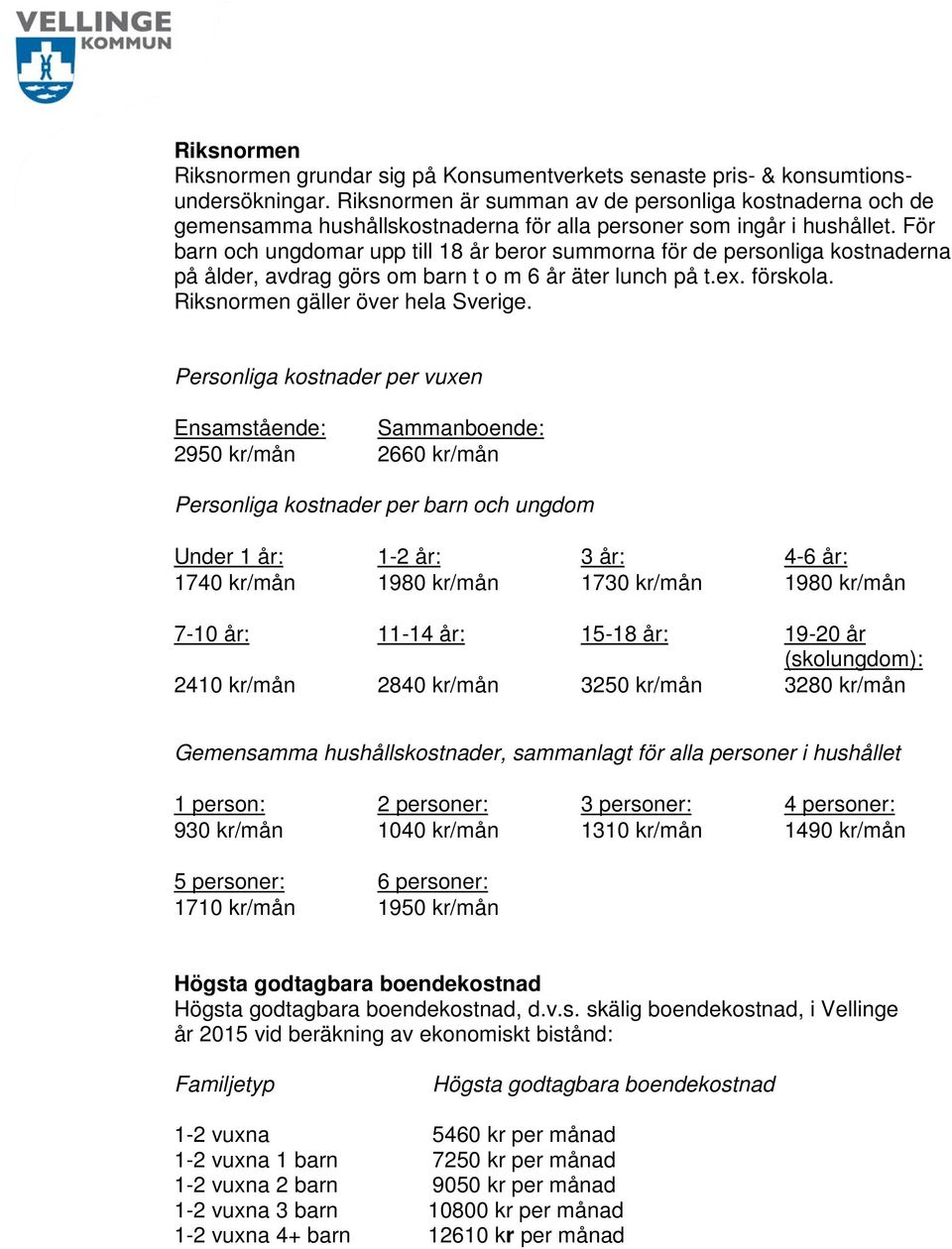 För barn och ungdomar upp till 18 år beror summorna för de personliga kostnaderna på ålder, avdrag görs om barn t o m 6 år äter lunch på t.ex. förskola. Riksnormen gäller över hela Sverige.