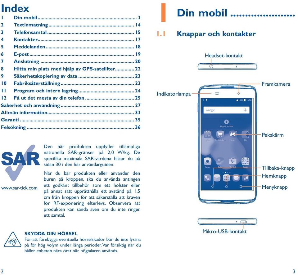 1 Knappar och kontakter Headset-kontakt Framkamera Indikatorlampa Pekskärm www.sar-tick.com Den här produkten uppfyller tillämpliga nationella SAR-gränser på 2,0 W/kg.