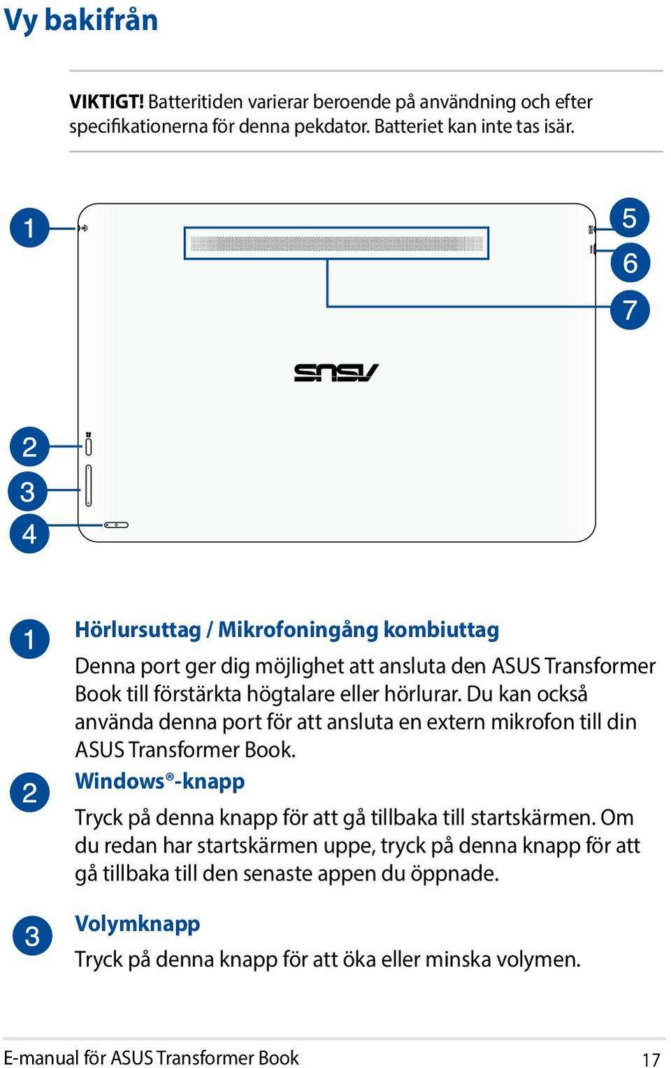 Du kan också använda denna port för att ansluta en extern mikrofon till din ASUS Transformer Book.