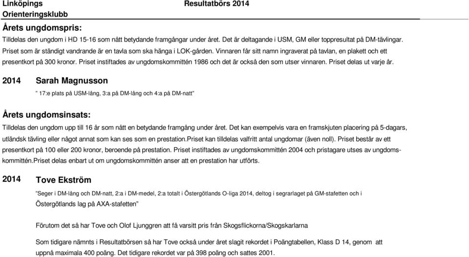 Priset instiftades av ungdomskommittén 1986 och det är också den som utser vinnaren. Priset delas ut varje år.