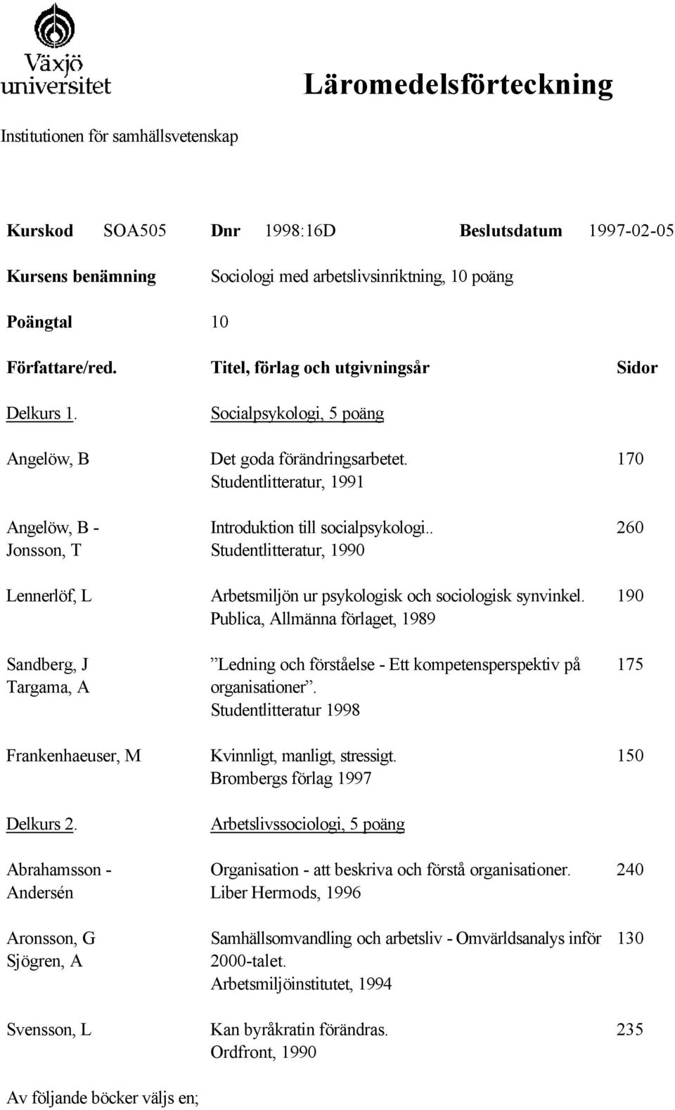 Abrahamsson - Andersén Aronsson, G Sjögren, A Svensson, L Av följande böcker väljs en; Socialpsykologi, 5 poäng Det goda förändringsarbetet. Studentlitteratur, 1991 Introduktion till socialpsykologi.