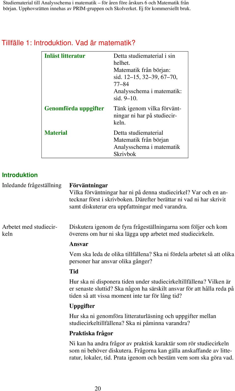 Detta studiematerial Matematik från början Analysschema i matematik Skrivbok Introduktion Inledande frågeställning Förväntningar Vilka förväntningar har ni på denna studiecirkel?