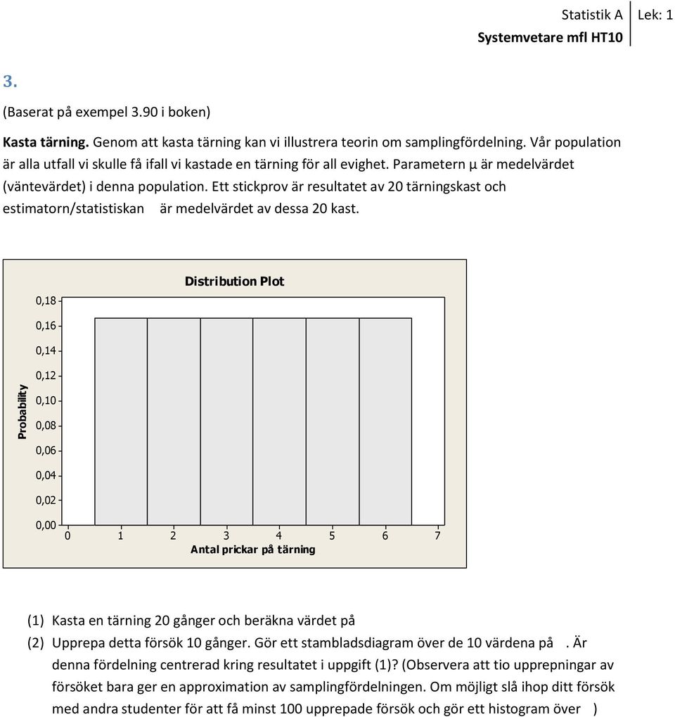 Ett stickprov är resultatet av 2 tärningskast och estimatorn/statistiskan är medelvärdet av dessa 2 kast.