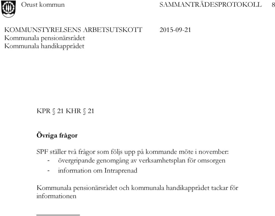 övergripande genomgång av verksamhetsplan för omsorgen