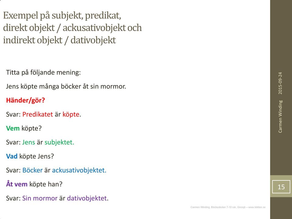 Händer/gör? Svar: Predikatet är köpte. Vem köpte? Svar: Jens är subjektet.